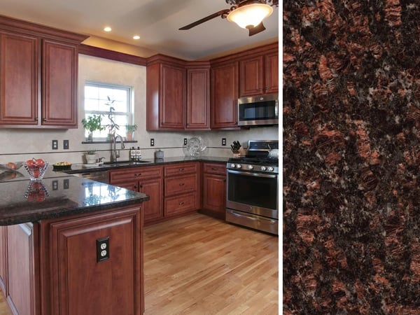 Cherry Cabinets and Dark Granite Tan Brown Countertop