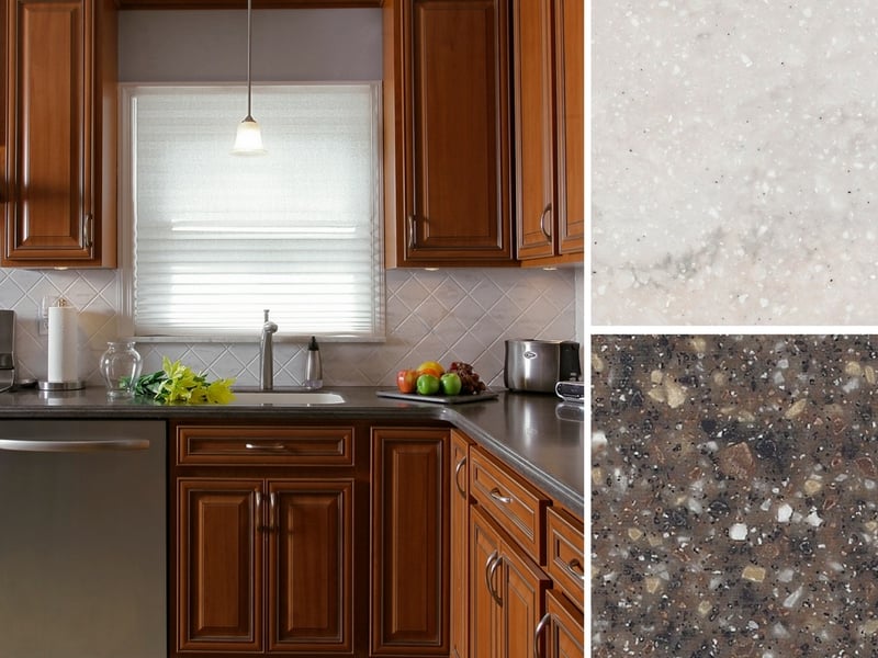 Kitchen with Corian® Countertop in Mojave and Corian® Backsplash in Rain Cloud