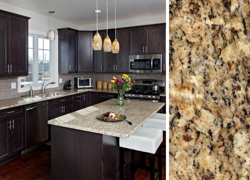 grey granite countertops with brown cabinets