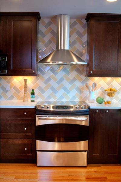 colorful textured herringbone backsplash