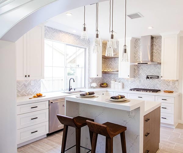 monochromatic herringbone kitchen design