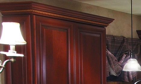 Dark Cherry Kitchen Cabinet with Rope Crown Molding