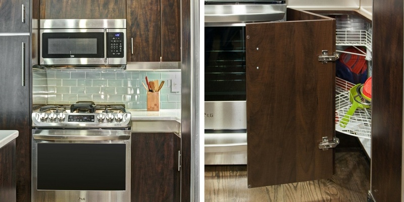 Stove with Glass Tile Backsplash and Lazy Susan Cabinet