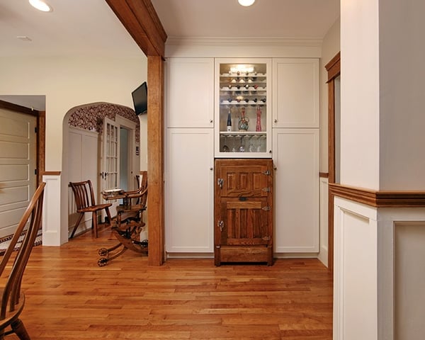 Wood and White Kitchen Design with Antique Ice Box