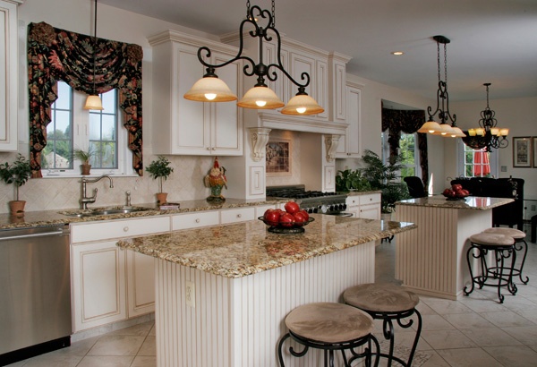 White Kitchen with Cascade Valence Window Curtains