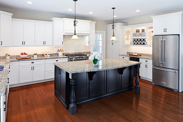 Black Top-Freezer Fridge in Kichen with Cherry Cabinets