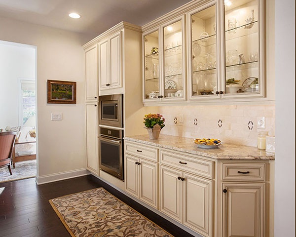 Antique White Kitchen Cabinets with Glass Doors and Lighting
