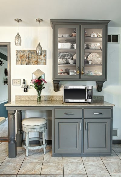 Another fav. Mid tone grey cabinets with copper accessories  Grey kitchens,  Grey kitchen cabinets, Kitchen cabinet styles