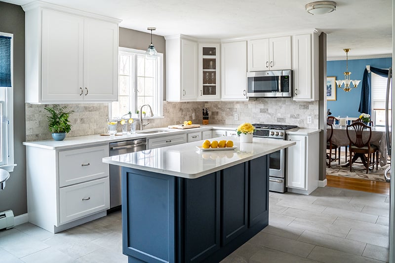 A Brand New White and Blue Transitional Kitchen Design
