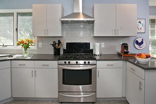 Black Kitchen Cabinets White Walls Vent Hood - Range Hoods - While