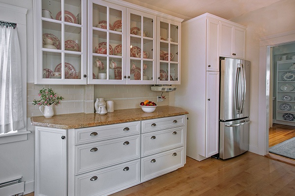 White Glass-Front Kitchen Cabinets