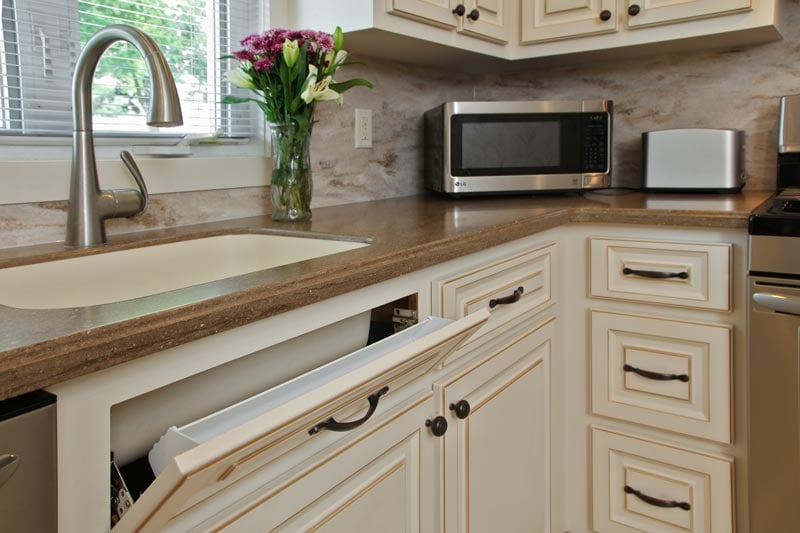 walnut-glazed white cabinets