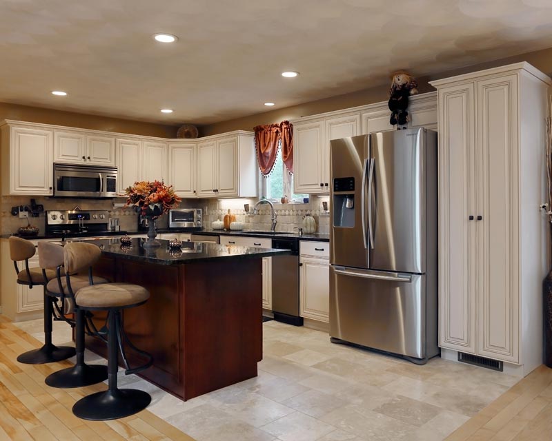 Cherry Island Finish with Antique White Cabinets